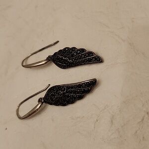 Earrings Wings black simulant gems with silver tone setting